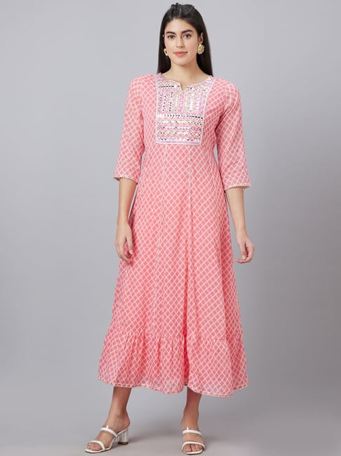 Globus Pink Cotton Checks Maxi Dress Price in India