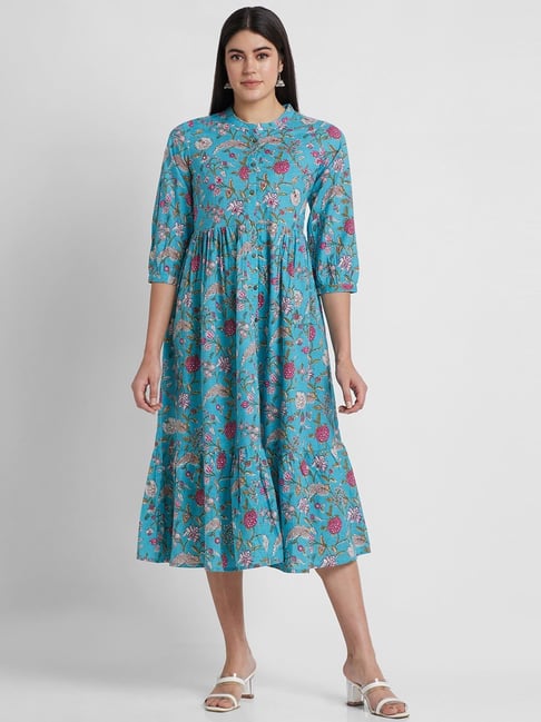 Globus Blue Cotton Floral Print A-Line Dress Price in India