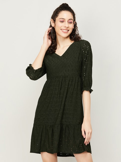 Fame Forever by Lifestyle Olive Green Self Pattern A-Line Dress Price in India