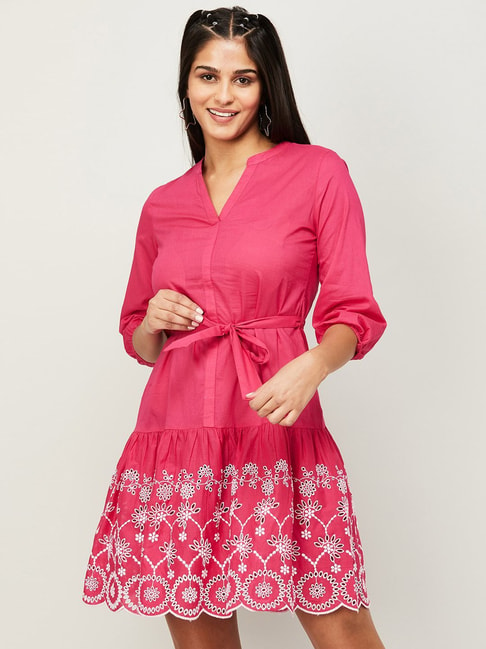Fame Forever by Lifestyle Pink Cotton Embroidered A-Line Dress Price in India