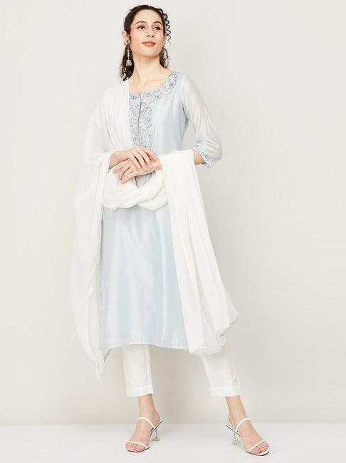 Melange by Lifestyle Grey & White Embroidered Kurta Pant Set With Dupatta Price in India