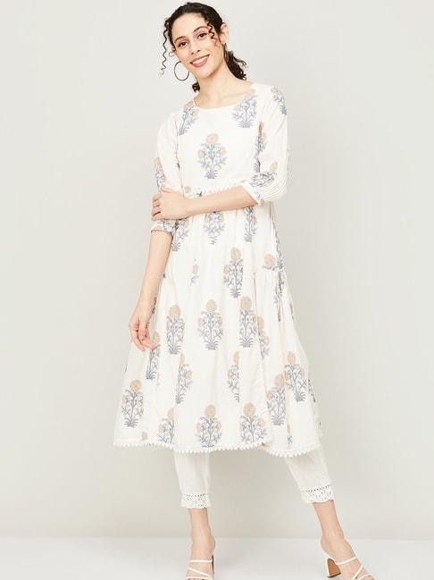 Melange by Lifestyle Off-White Cotton Floral Print A Line Kurta Price in India