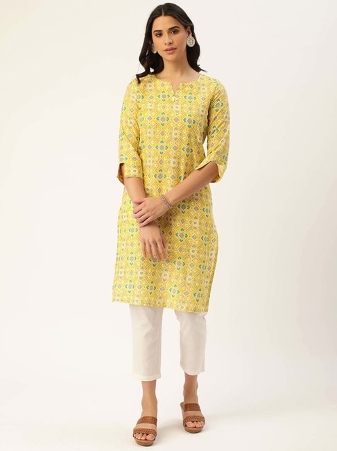 Heeposh Yellow Cotton Printed Straight Kurta Price in India