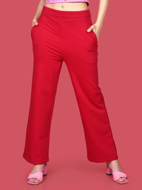 Mens Red Cotton Solid Trousers