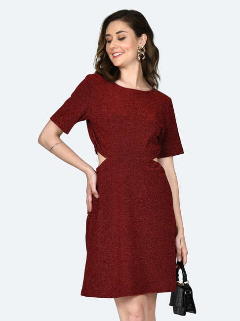 Zink London Red Textured Fit & Flare Dress Price in India
