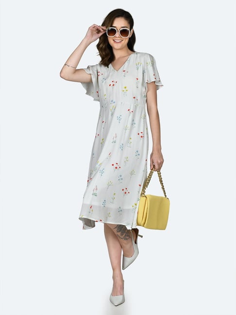 Zink London White Floral Print Fit & Flare Dress Price in India