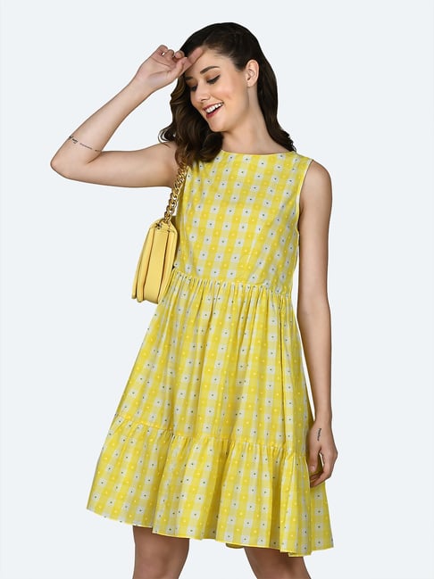 Zink London Yellow & White Cotton Checks Fit & Flare Dress Price in India