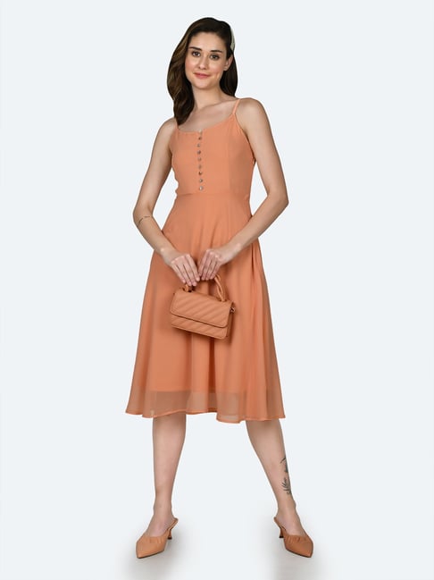 Zink London Light Orange Fit & Flare Dress Price in India