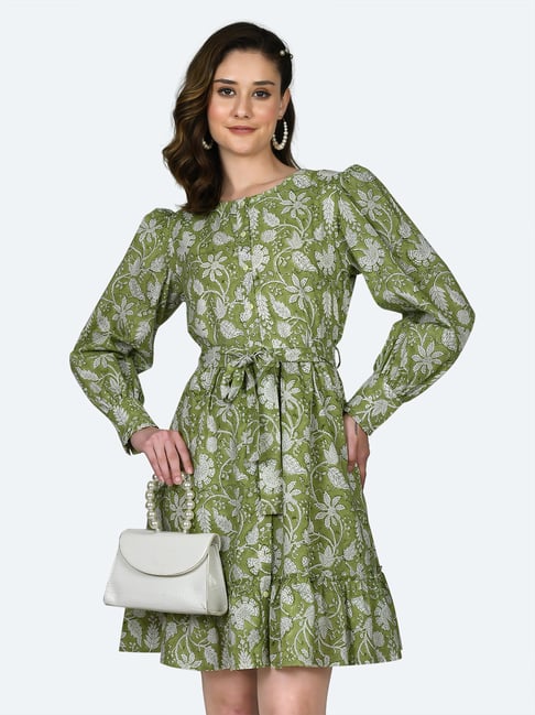 Zink London Green Cotton Floral Print Wrap Dress Price in India