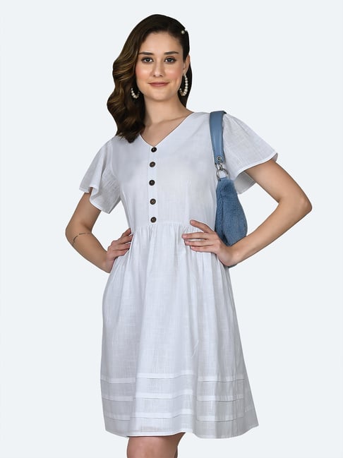 Zink London White Cotton Fit & Flare Dress Price in India