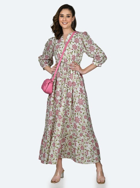 Zink London White & Pink Cotton Floral Print Gown Price in India