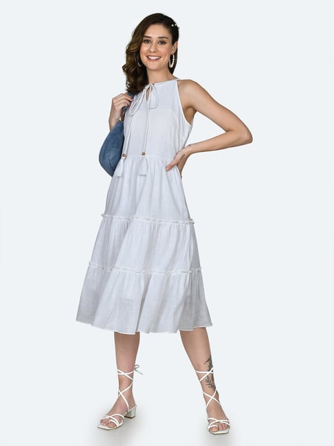 Zink London White Cotton Fit & Flare Dress Price in India