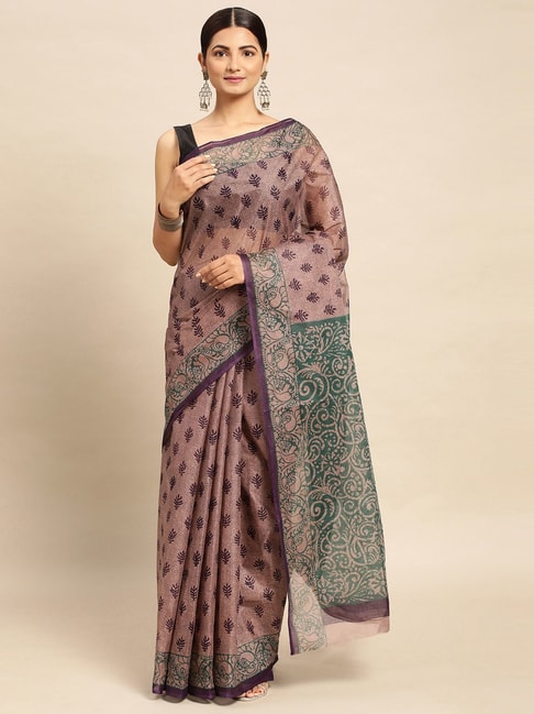 SHANVIKA Brown & Green Cotton Printed Saree Without Blouse Price in India