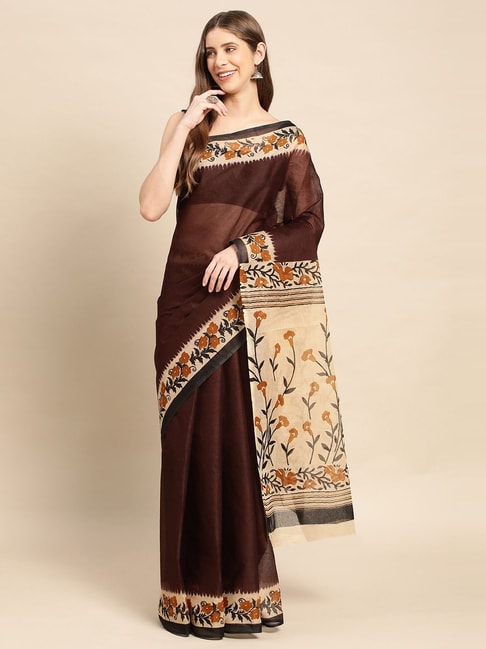 SHANVIKA Brown & Beige Cotton Printed Saree Without Blouse Price in India