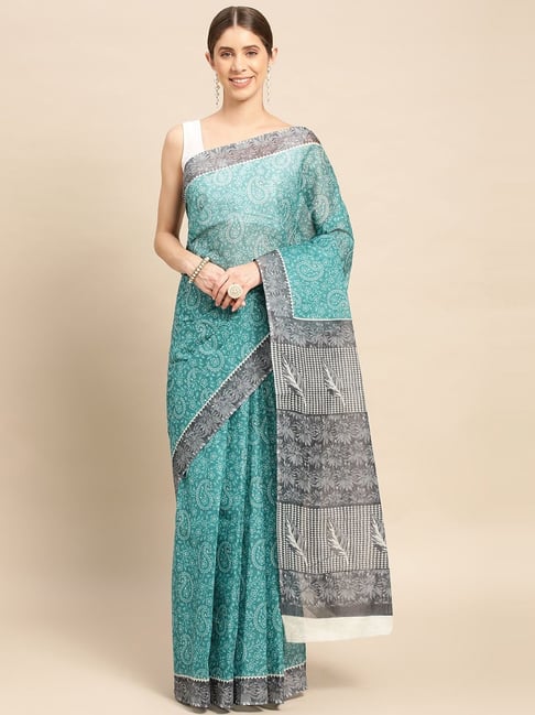 SHANVIKA Green & Grey Cotton Printed Saree Without Blouse Price in India