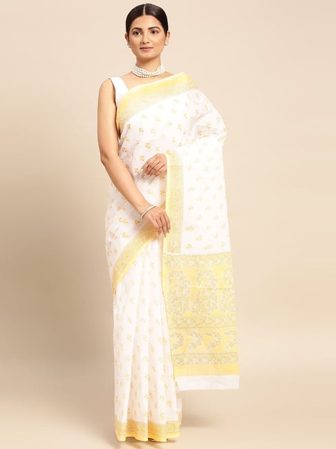 White and Yellow Saree | Hand Paint on Pure Silk |Ramdhanu Ethnic