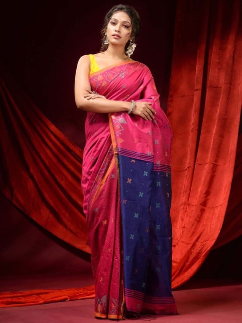 CHARUKRITI Pink & Blue Woven Saree With Unstitched Blouse Price in India