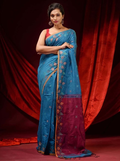 CHARUKRITI Blue Woven Saree With Unstitched Blouse Price in India
