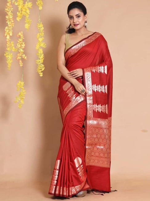 Brick Red Hand Painted Tussar Madhubani Silk Saree – Indiva