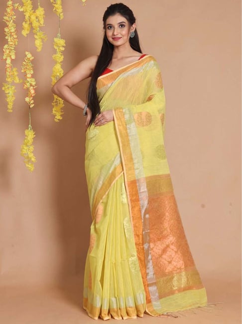 Lemon Yellow Banarasi Soft Silk Saree With Designer Blouse