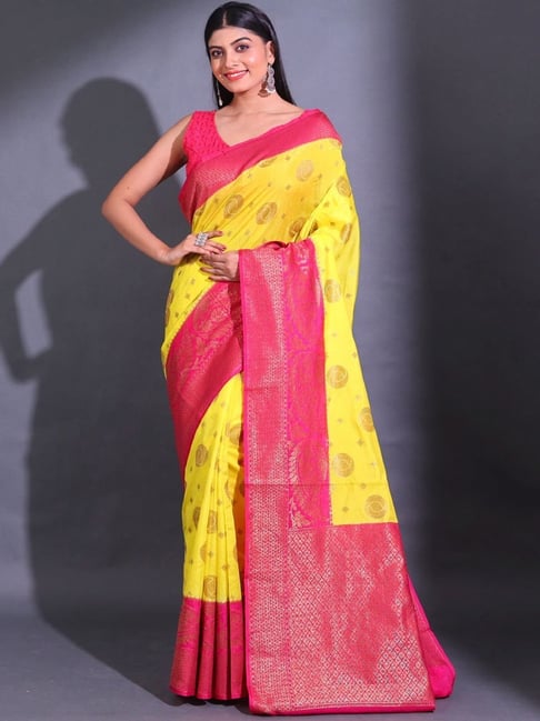 Buy CHARUKRITI Yellow Silk Woven Saree With Unstitched Blouse for