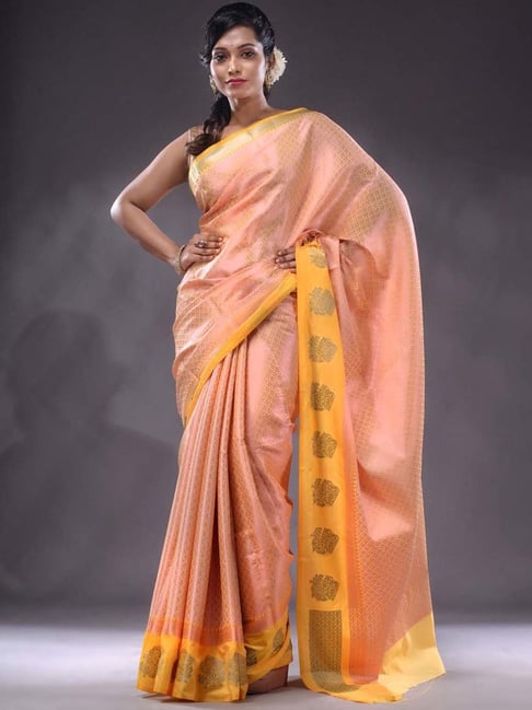 Silk Land Peach Silk Woven Saree With Unstitched Blouse