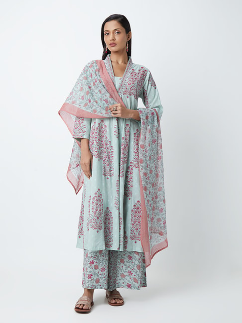 Zuba by Westside Light Teal Floral-Patterned A-Line Kurta Price in India