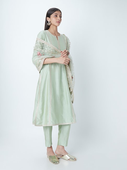 Vark by Westside Green A-Line Kurta, Ethnic Pants and Stole Price in India