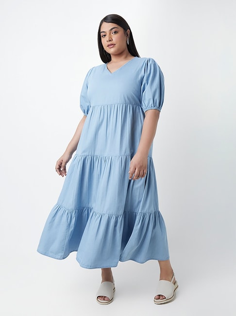 Gia Curves by Westside Blue Chambray Tiered Dress Price in India