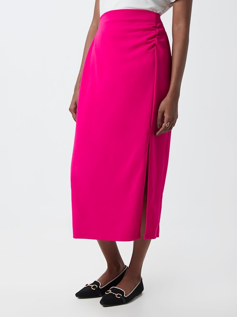 Wardrobe by Westside Magenta Ruched Detail Skirt Price in India