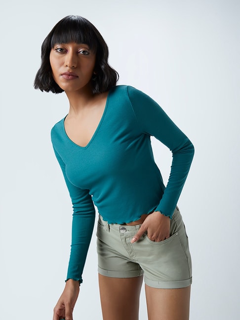 Nuon by Westside Teal V-Neck Crop Top Price in India