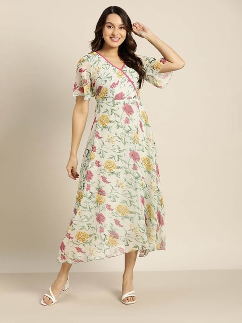 Qurvii Beige Floral Print Midi Dress Price in India