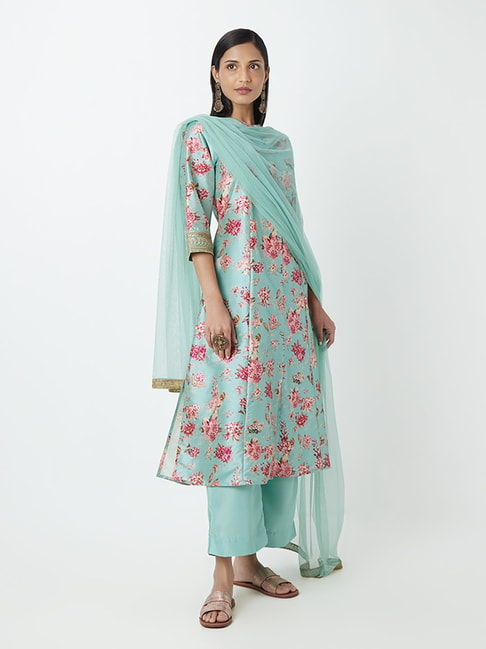 Vark by Westside Sea Green A-Line Kurta, Palazzo, And Dupatta Price in India