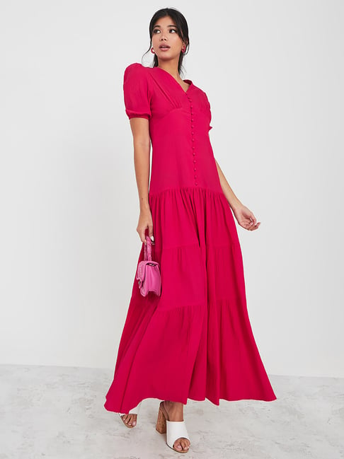 Styli Fuchsia Tiered Maxi Dress Price in India