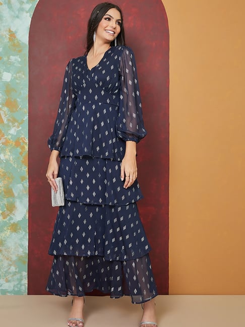Styli Navy Printed Tiered Maxi Dress Price in India