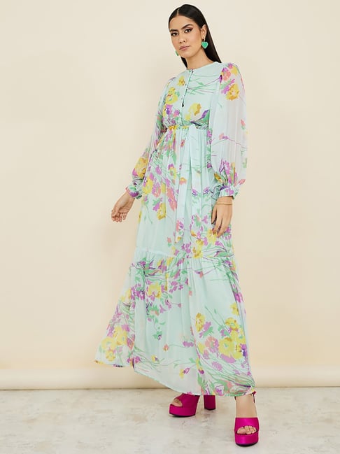 Styli Mint Green Floral Print Maxi Dress Price in India