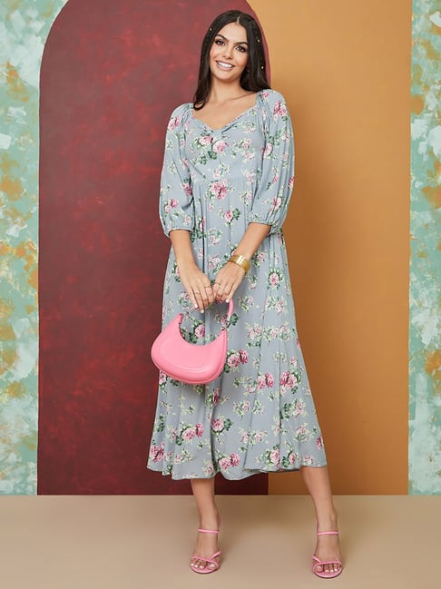 METTLE Floral Printed Bell Sleeve A-Line Midi Dress