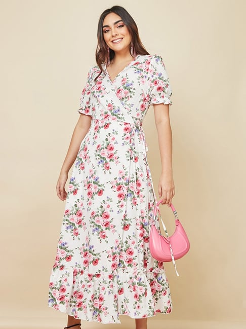 Styli White Floral Print Wrap Dress Price in India