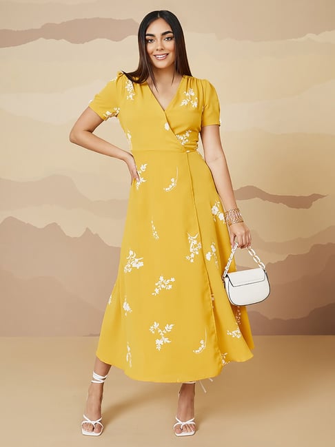 Styli Mustard Printed Maxi Dress Price in India