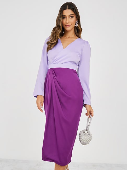 Buy Purple Moss Crepe Plain V Neck One Shoulder Color Block Dress For Women  by House of Behram Online at Aza Fashions.