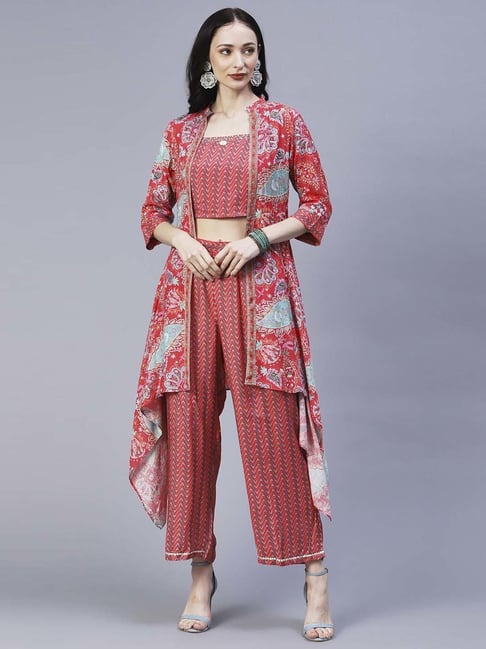 Buy Blue Jacket And Palazzo Georgette & Crop Top Cotton Silk Print & Set  For Women by Paulmi and Harsh Online at Aza Fashions.