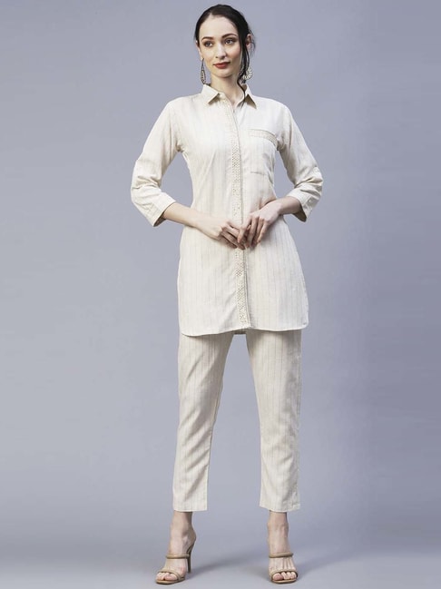 Fashor Off-White Striped Tunic Pant Set Price in India