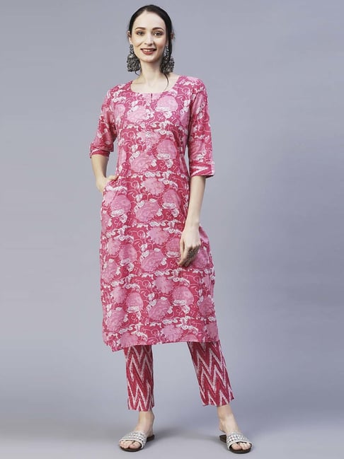 Fashor Pink Cotton Printed Kurta Pant Set Price in India