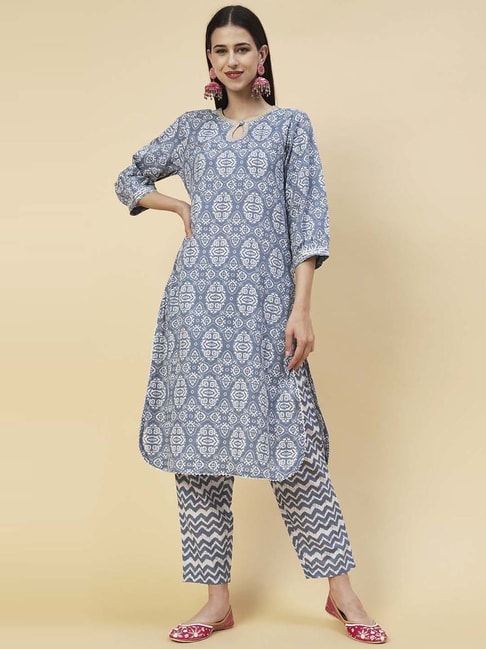 Fashor Blue Cotton Printed Kurta Pant Set Price in India