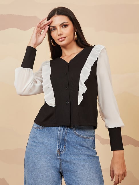 Buy Styli Black Off White Color-Block Blouse for Women's Online
