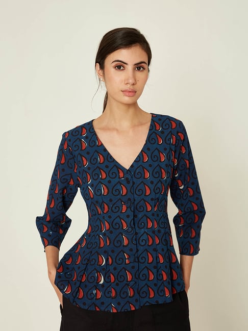 ANCESTRY Blue Cotton Printed Top