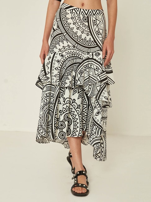 ANCESTRY Off White Printed High Low Midi Skirt Price in India