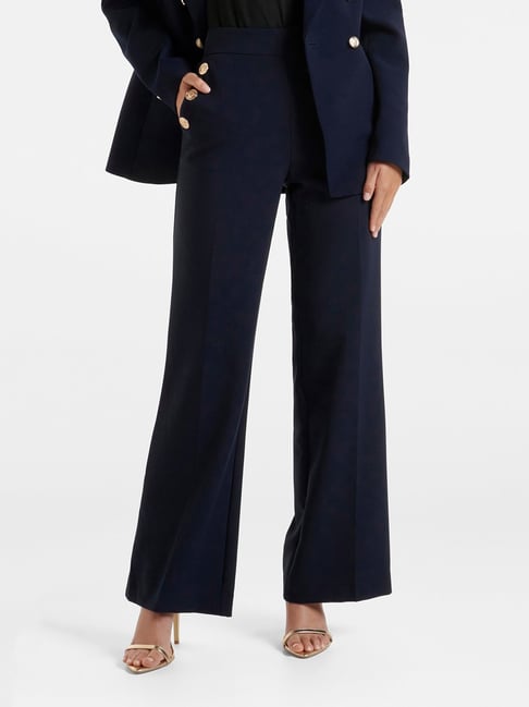Buy Online Women Navy Blue Solid Volume Play Trousers at best price   Plussin