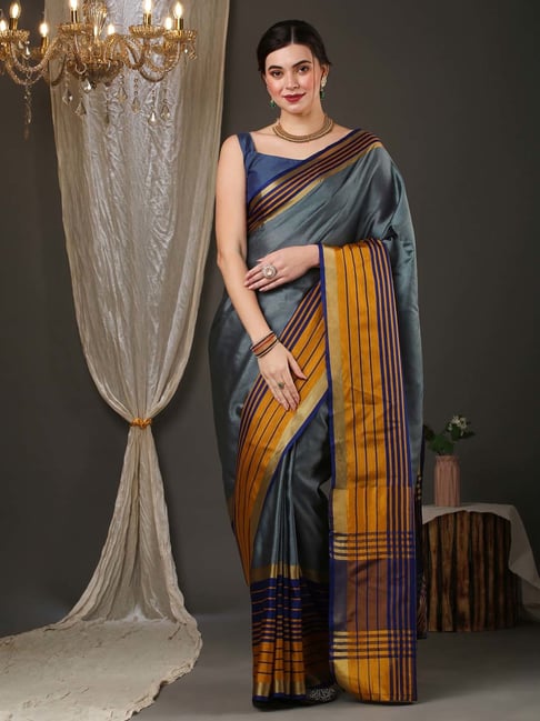 Saree Mall Grey Printed Saree With Unstitched Blouse-image-25