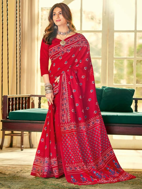 Satrani Red Printed Saree With Unstitched Blouse